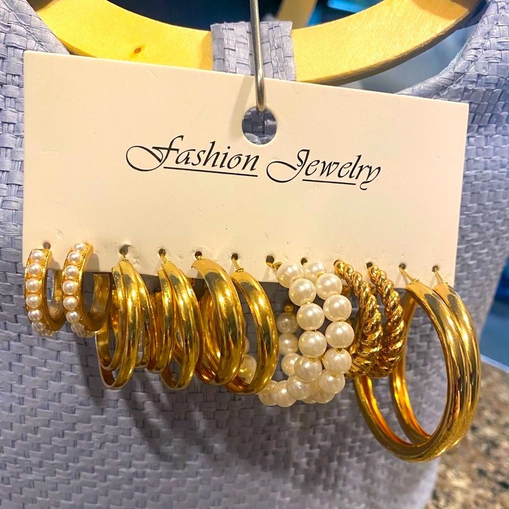 H&M Gold and Pearl Hoop Earrings Set x6
